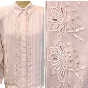 VINTAGE 80s 90s pastel powder pink beaded‎ embroidered button down blouse shirt